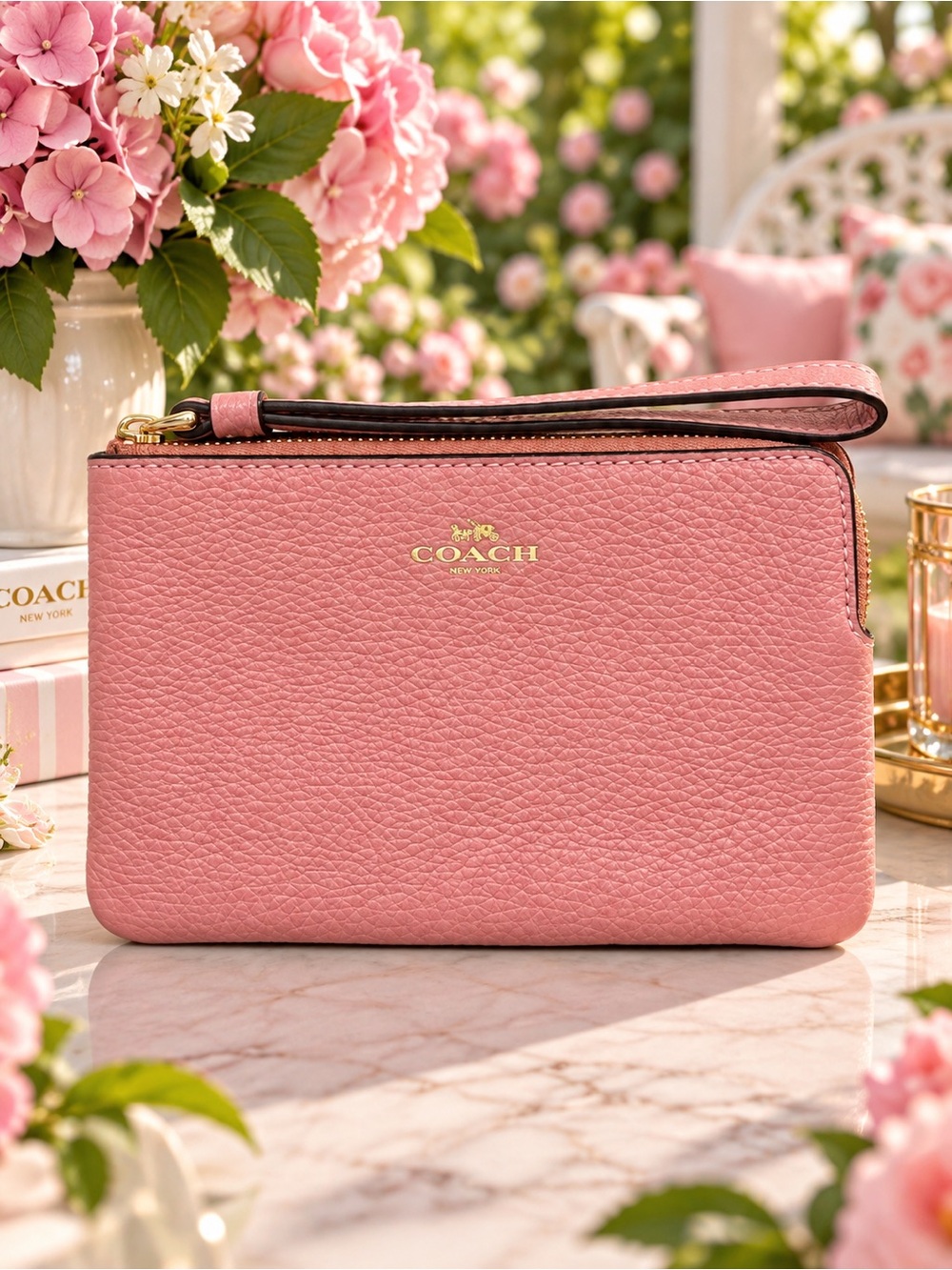 Coach Pink Pebbled Leather Corner Zip Wristlet CP483